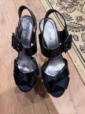 bebe Black Patent Slingback Heels with Buckle Strap
